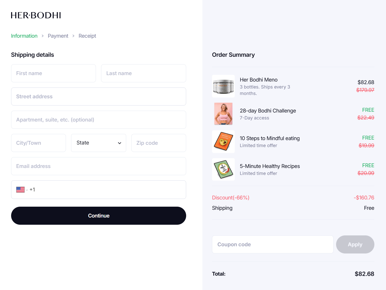 Her Bodhi checkout page